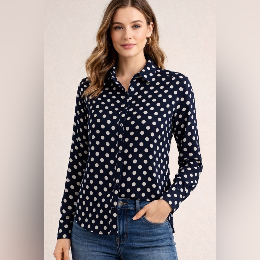 Ann Taylor Dark Blue Polka Dot Blouse